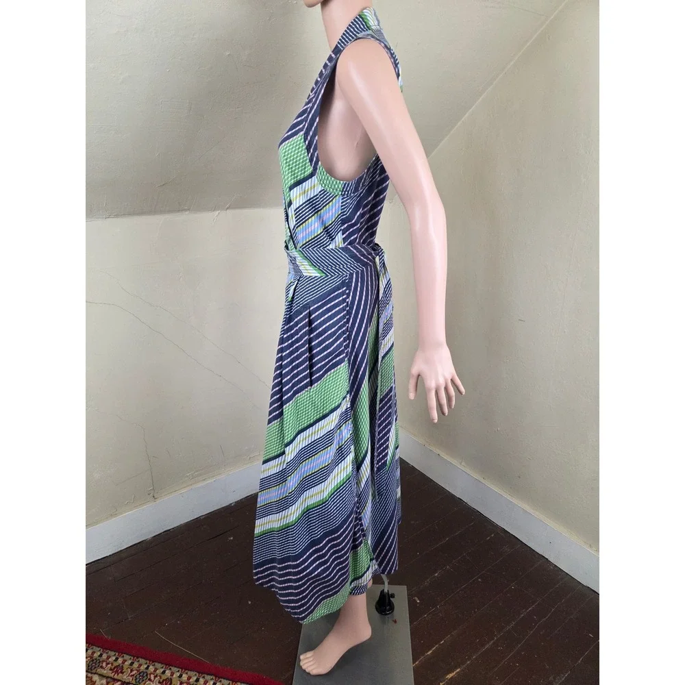 Tory Burch Size 14 Cotton Striped Wrap Midi Dress Belted Pockets
